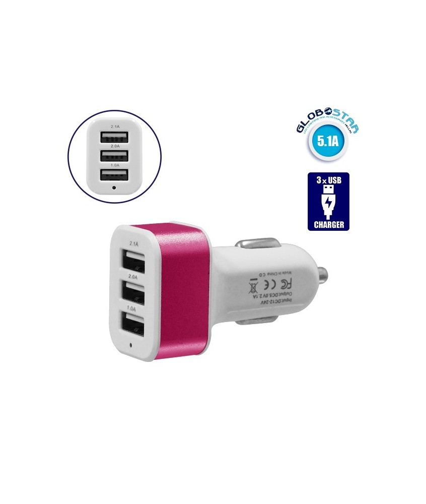 GloboStar® 115111 Φορτιστής Αναπτήρα Αυτοκινήτου Φόρτισης 5V με 3xUSB Θύρες Max 2.1A Λευκό - Φούξια